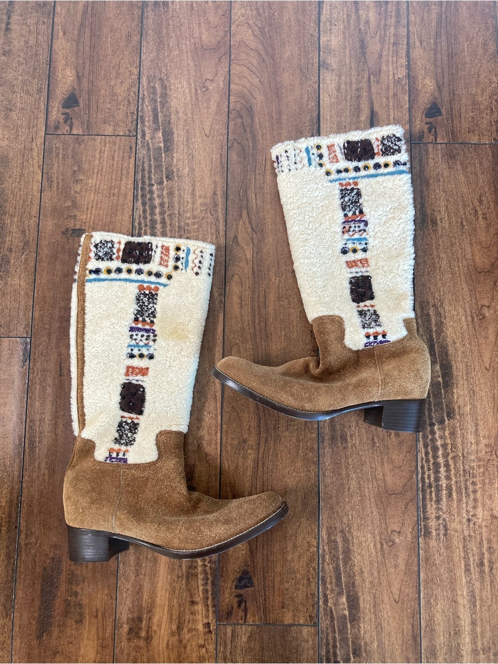 Miu Miu Brown Suede and Cream Shearling Embroidered Mid-Calf Boots